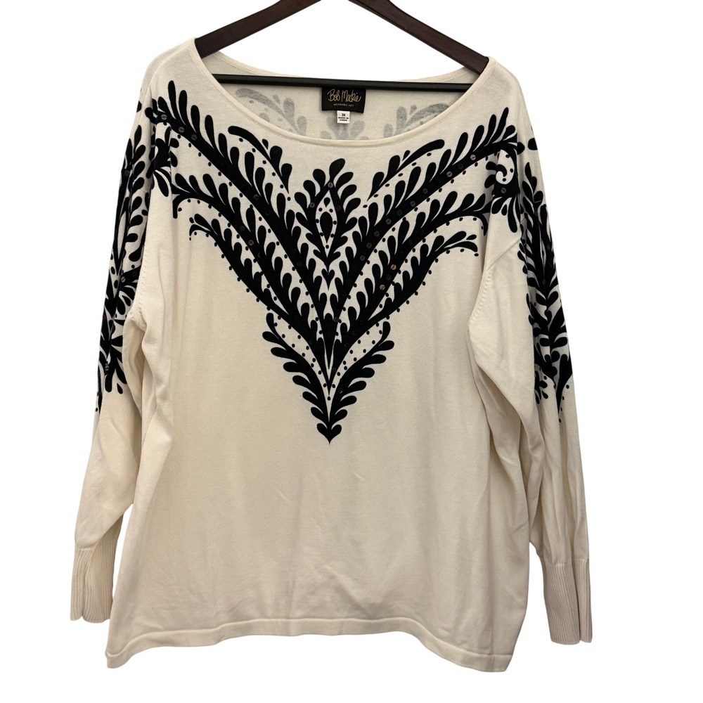Bob Mackie Sweater Womens 3X White Black Sequin Wearable Art Cotton Excellent